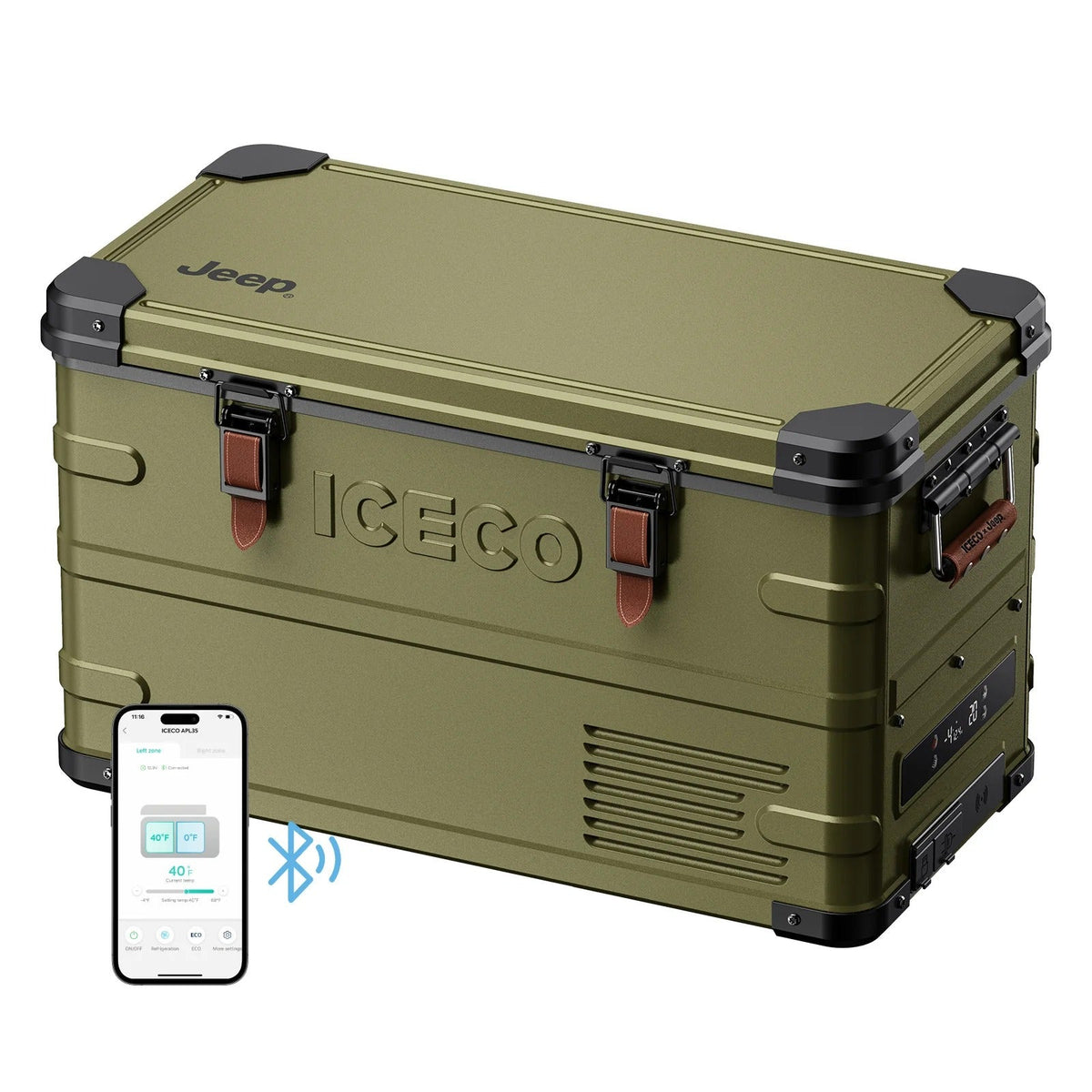 ICECO Jeep APL35 limited-edition portable fridge in olive green with leather straps, beside a phone showing the Bluetooth app