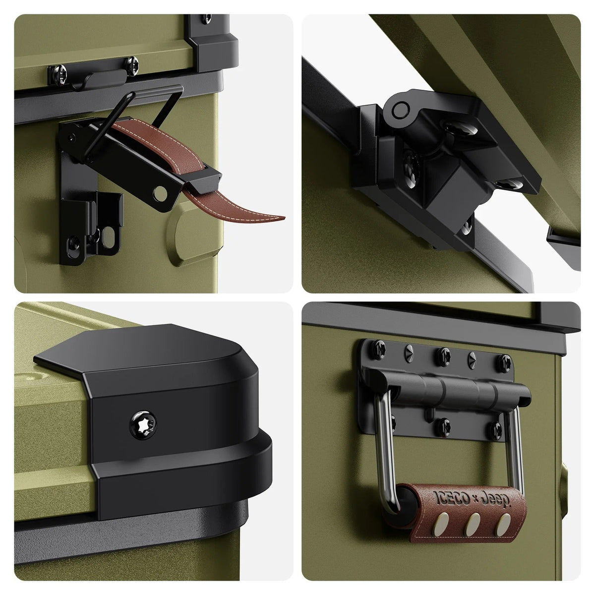 Four close-up details of the APL35: latch, hinge, corner guard and leather-wrapped handle