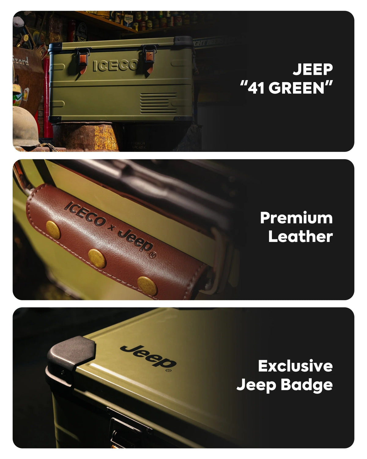Feature graphic showing the Jeep 41 Green finish, premium leather and exclusive Jeep badge