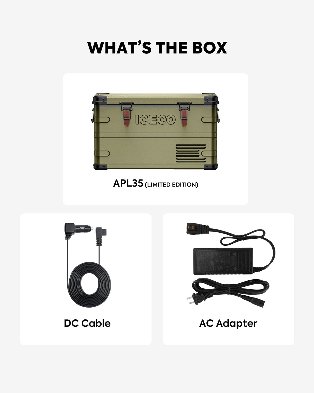What's in the box graphic: APL35 limited edition, DC cable and AC adapter