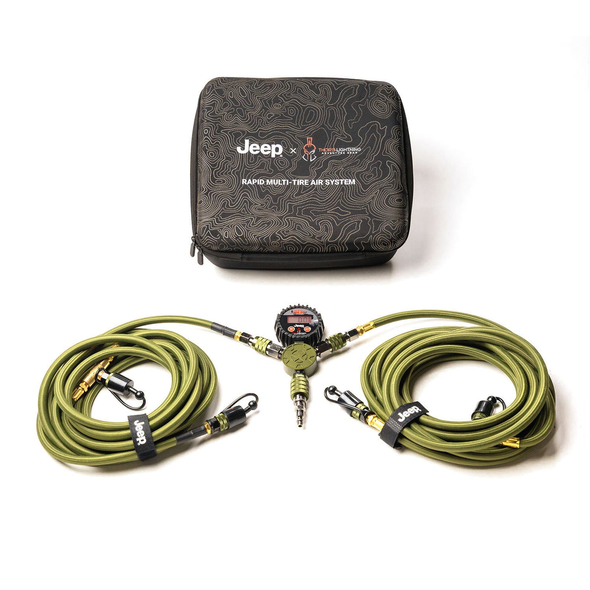 Jeep x Thor's Lightning Rapid Multi-Tire Air System with topographic-print carrying case, coiled hoses, and manifold