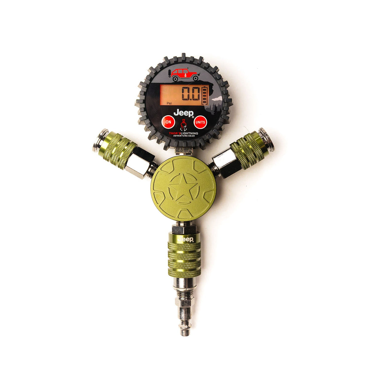 Close-up of the Jeep Rapid Multi-Tire Air System's digital pressure manifold with off-road Jeep icon and star-emblem ball valve