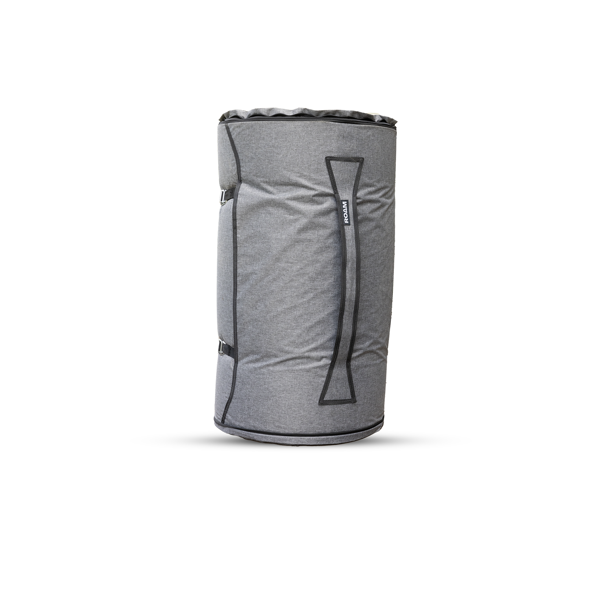 Gray compression bag for mattress with Roam logo on a white background