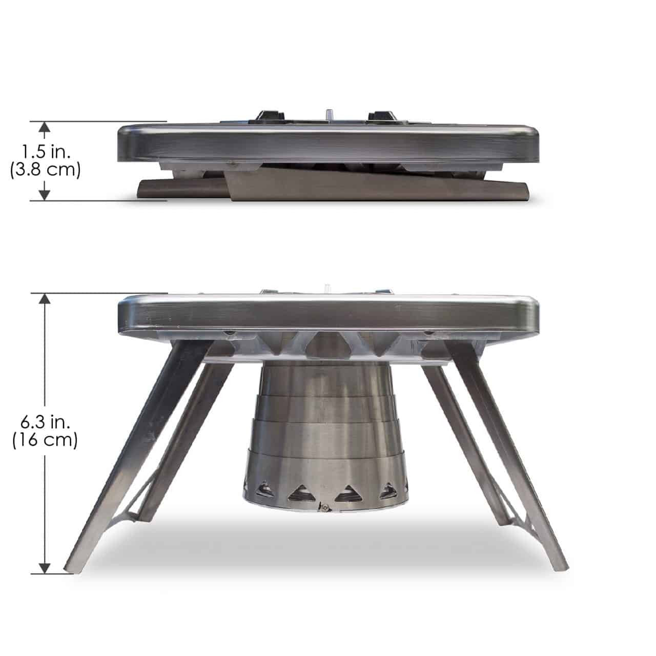 Portable stove with dimensions indicated on a white background