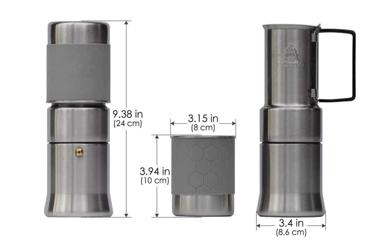 Gray and silver travel coffee cafe with dimensions displayed