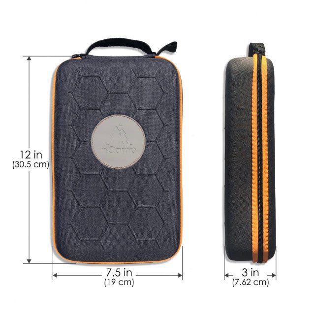 nCamp Gray and black zippered pouch with measurements on a white background