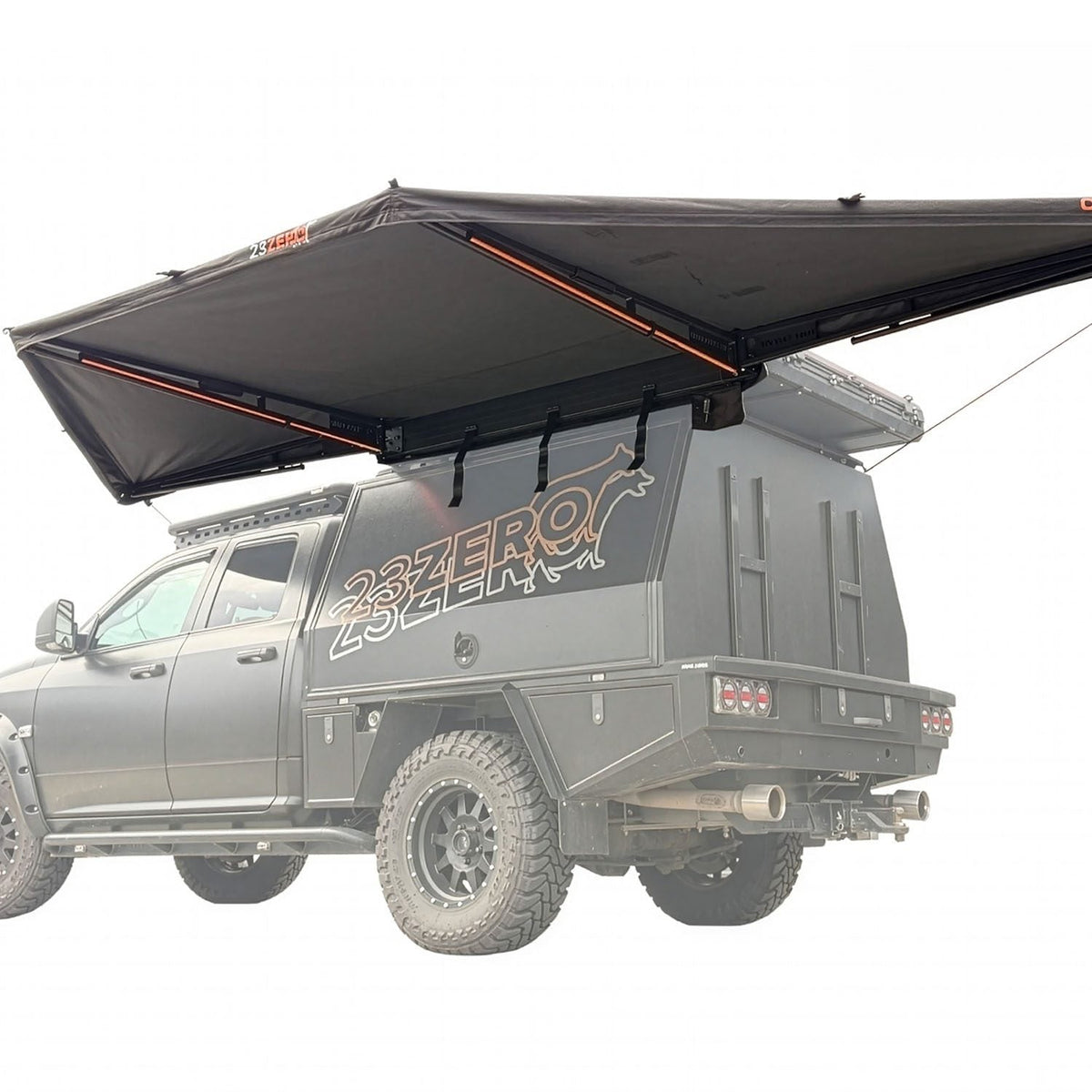 23ZERO Onyx 180 Awning deployed from a rear cargo box on a 23ZERO-branded truck, side profile studio shot
