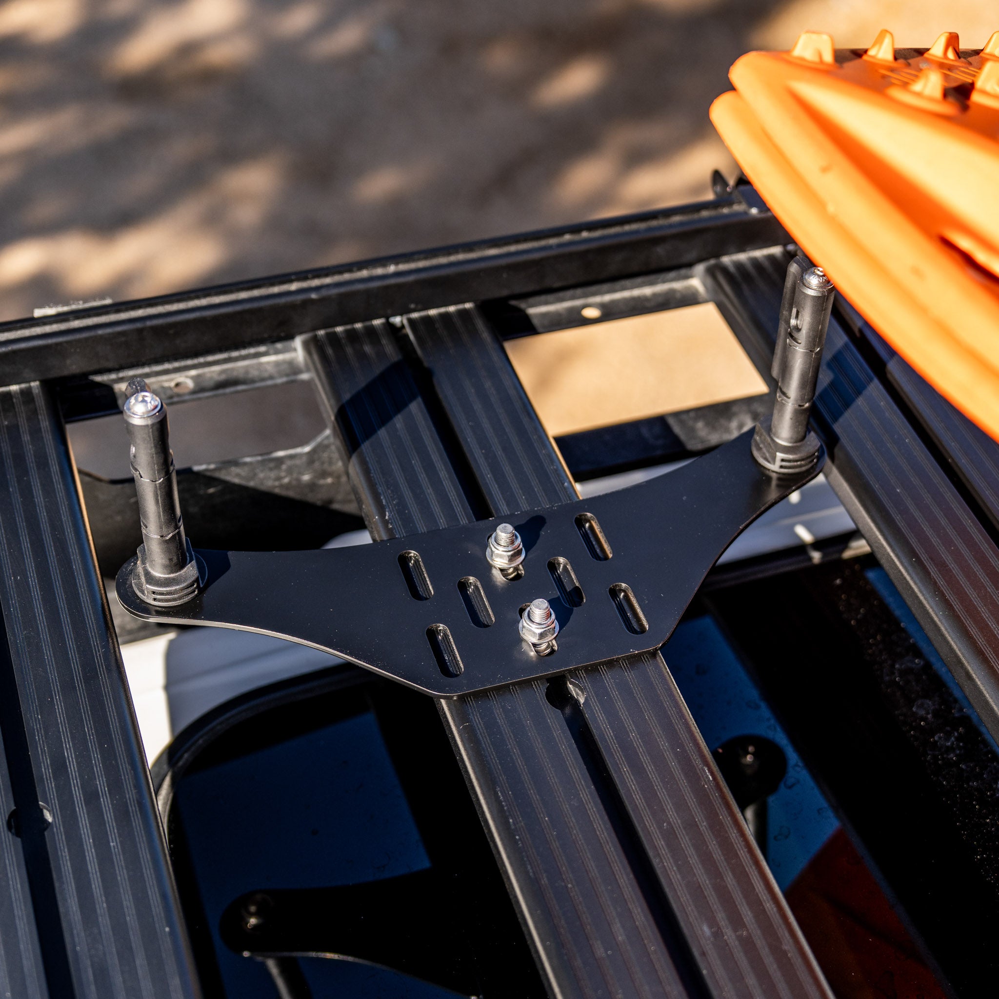 Overland Kitted Flat Roof Rack Mount For MAXTRAX - mounted on a Leitner roof rack