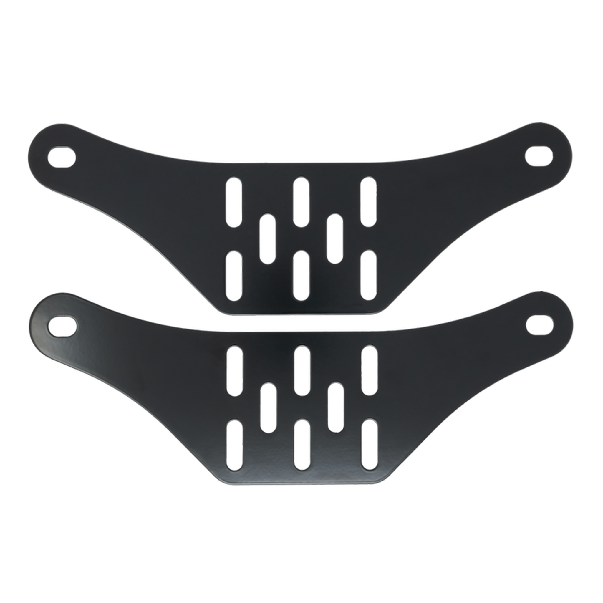 Two black metal brackets designed for mounting MAXTRAX recovery boards to roof racks, featuring multiple pre-drilled holes for attachment.