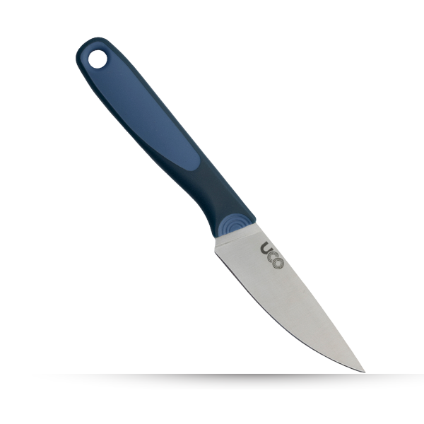 UCO Camp Paring Knife with blue handle and black protective sheath, product shot