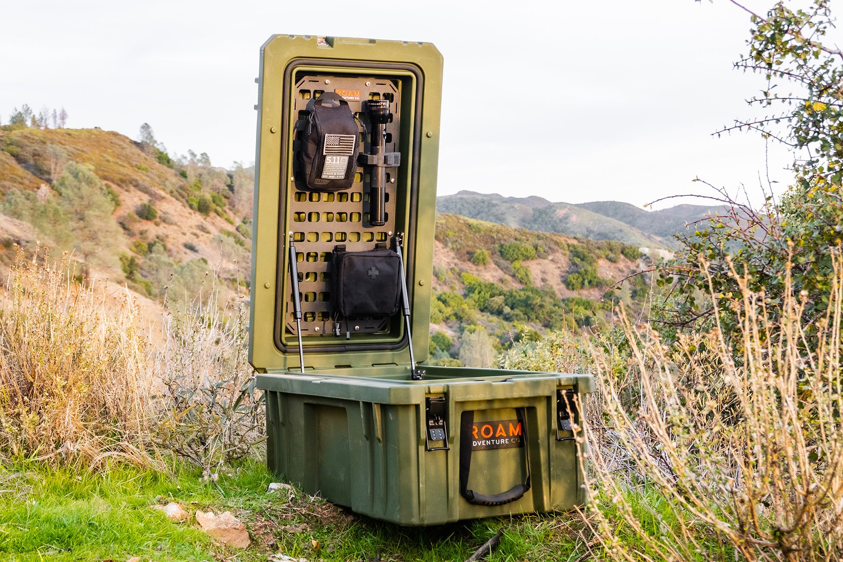 ROAM 95L Rugged Case fitted with a customizable aluminum MOLLE panel