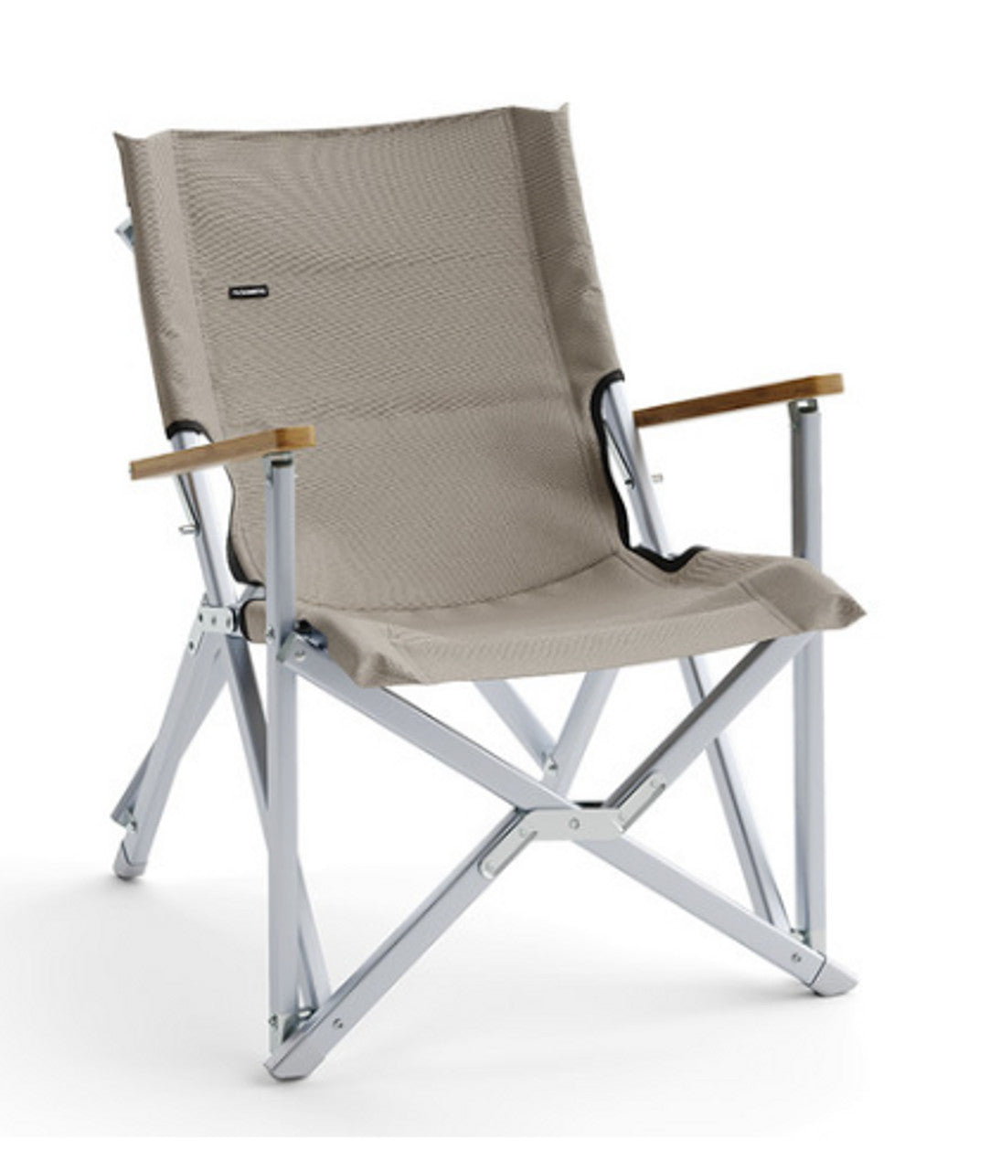 Dometic GO Compact Camp Chair in Ash, studio product shot showing the folding aluminum frame and wood armrests