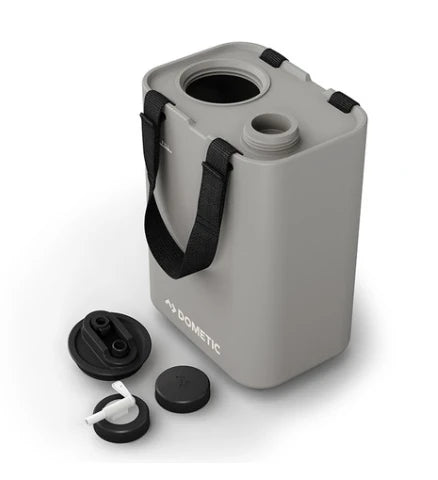 Dometic GO Water Hydration Jug 11L in Ash, studio product shot with the carry handle and interchangeable spout and cap accessories