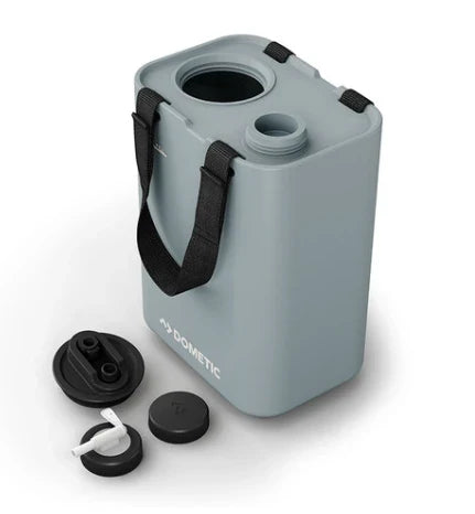 Dometic GO Water Hydration Jug 11L in Glacier, studio product shot with the carry handle and interchangeable spout and cap accessories