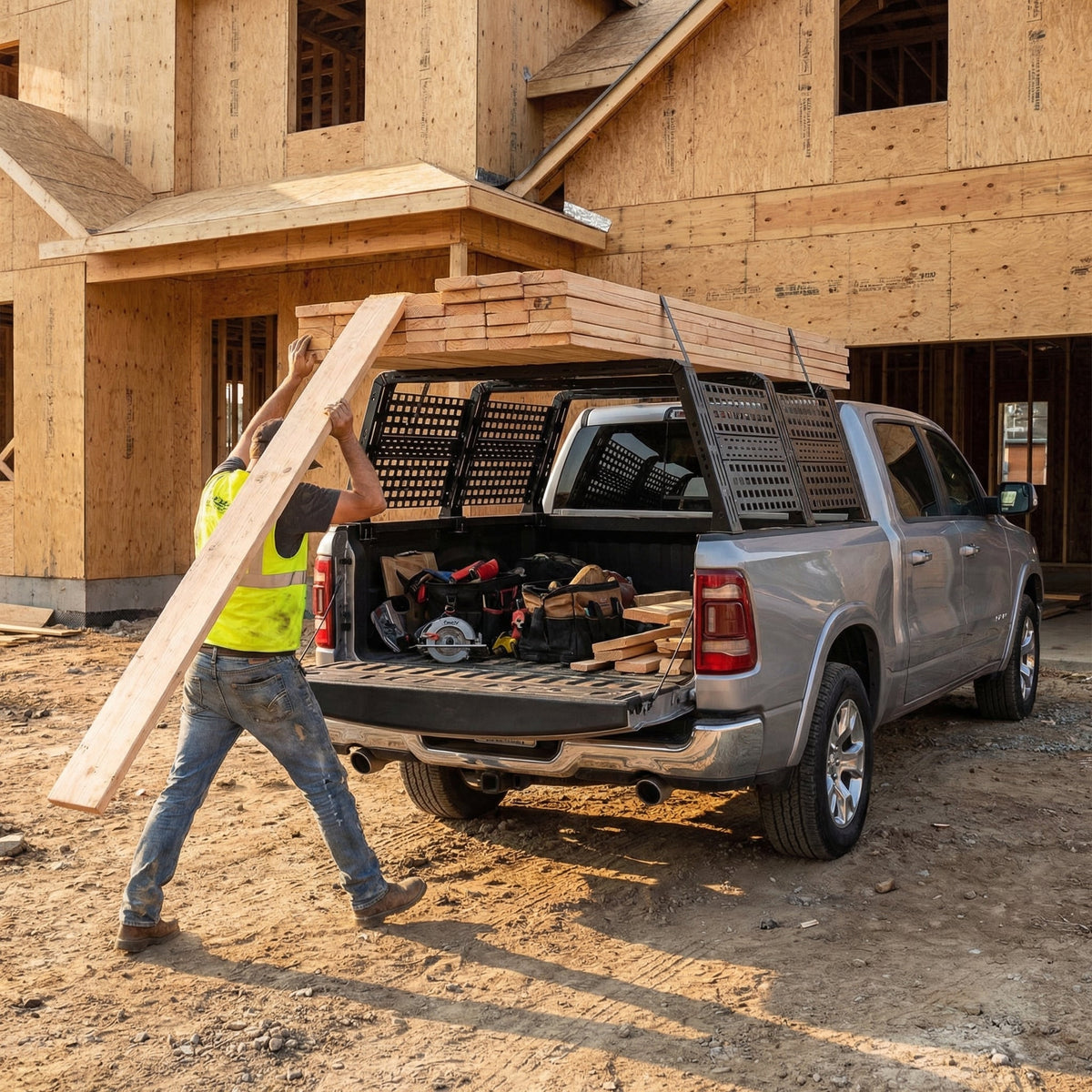 Worker unloading lumber from a RAM 1500 fitted with an HMOR ROCK-IT rack