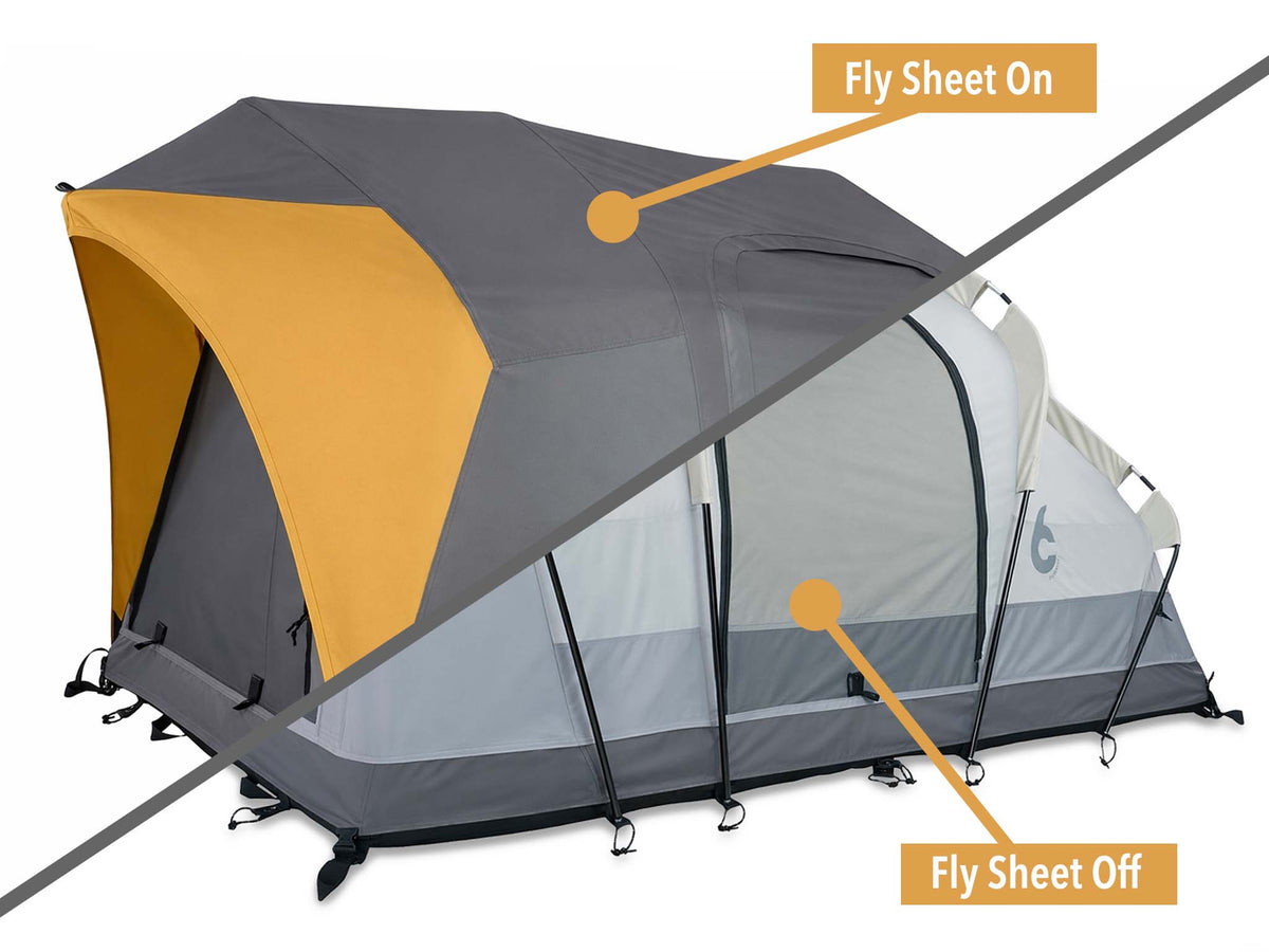 C6 Rev Rooftop Tent X (Element) – diagram showing orange fly sheet on and off