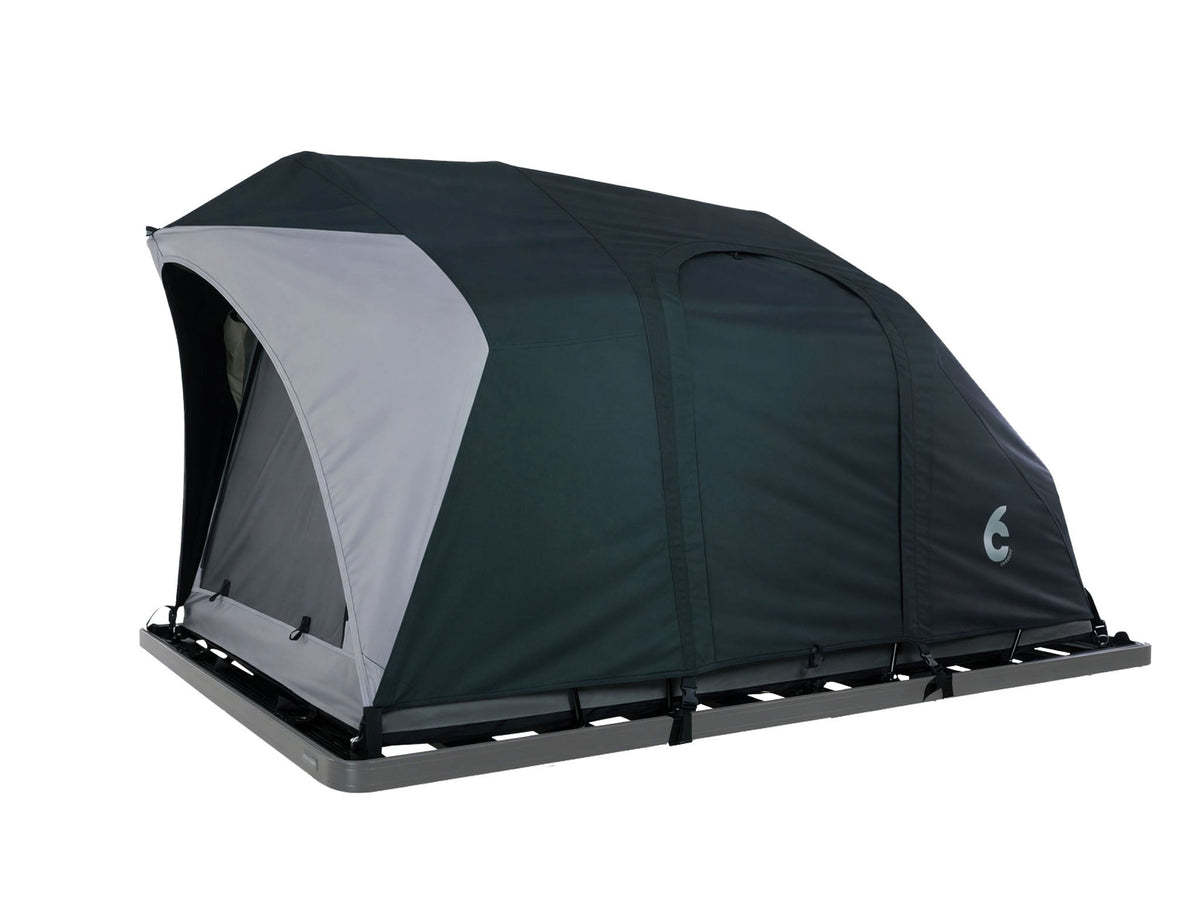 C6 Rev Rack Tent (Eclipse) – angled view on a roof rack, dark green fly sheet