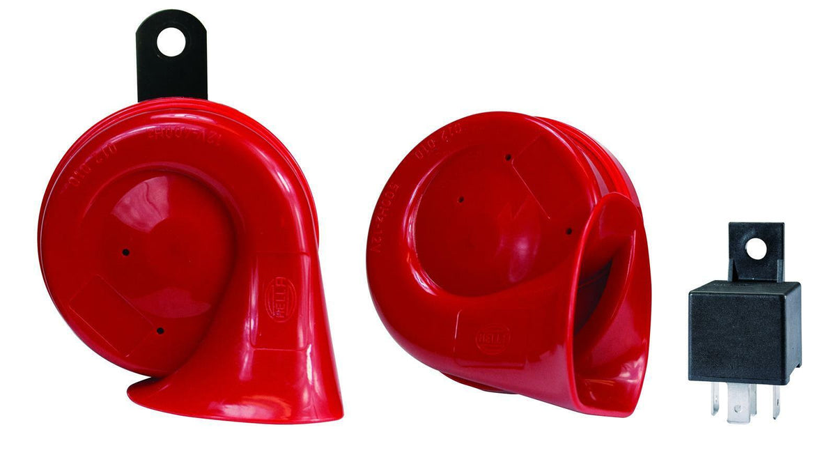 Pair of red twin-tone horns with a relay on a white background