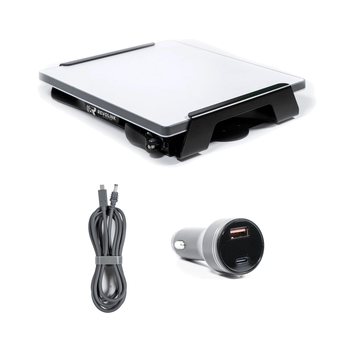 Starlink Mini on black Revolink quick release mount with USB-C power cable and car charger
