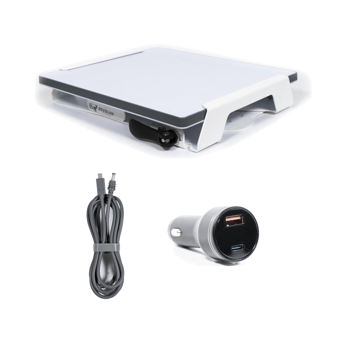 Starlink Mini on white Revolink quick release mount with USB-C power cable and car charger