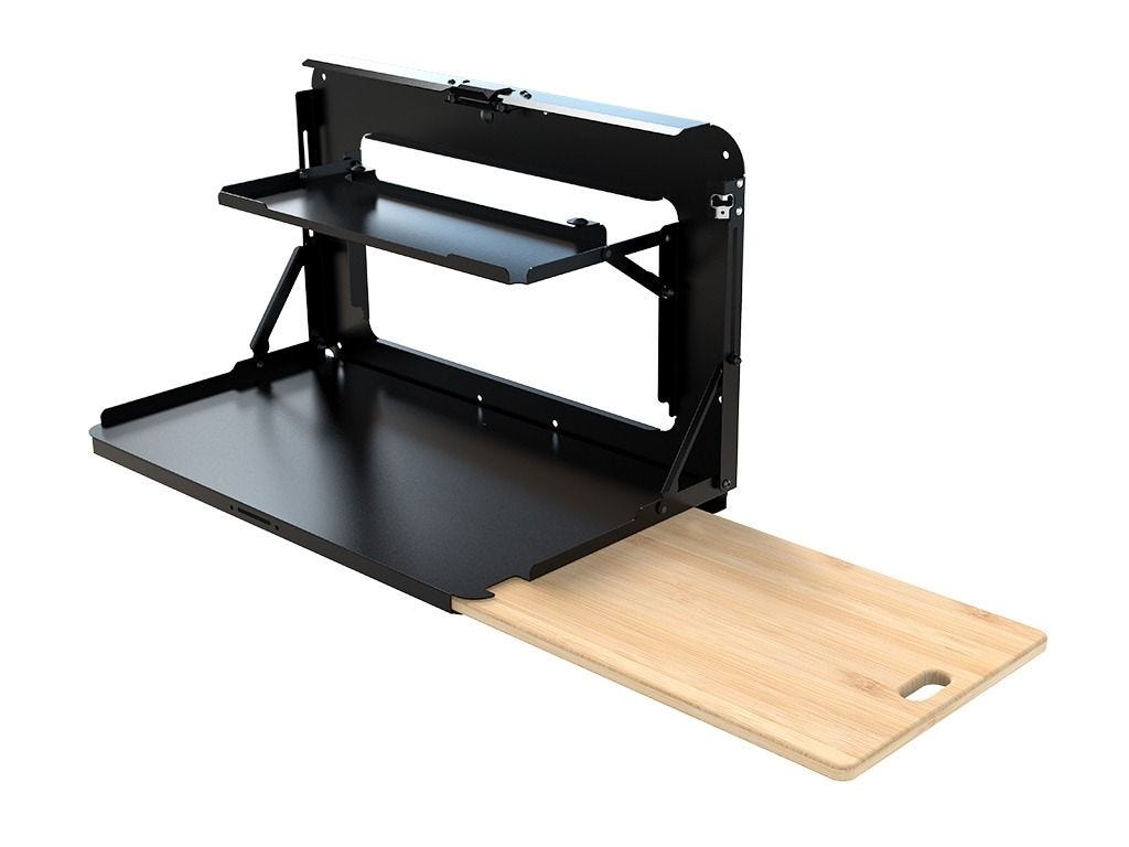 Drop down tailgate table fully open with the bamboo work surface extension pulled out past the primary tray, shown on a white background