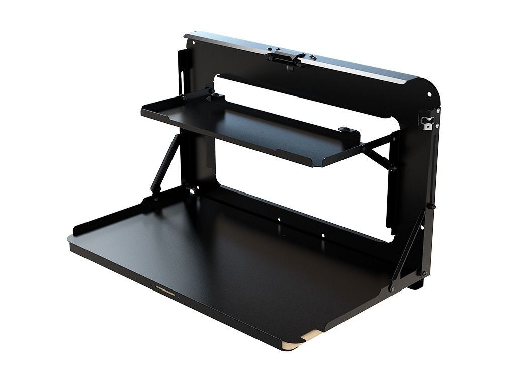 Front Runner drop down tailgate table open with the primary and secondary trays deployed on sliding stays, shown on a white background