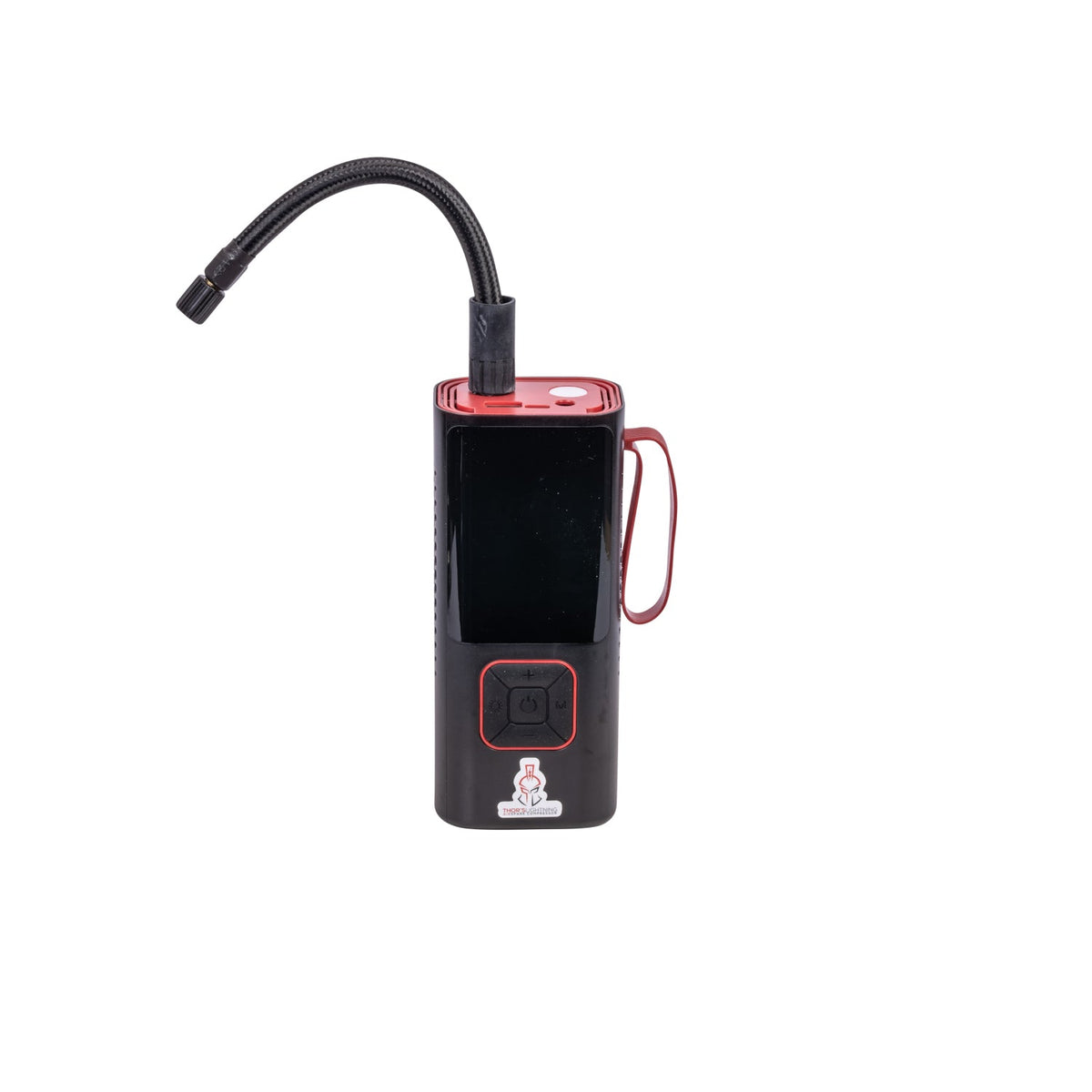 AirSpark compressor angled front view with flexible hose and red carry clip, product photo on white background
