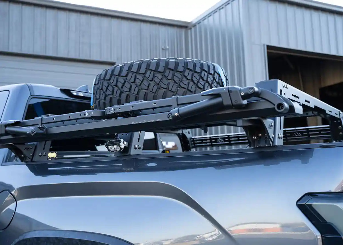 Toyota Tundra Mid Height bed rack with an optional bike tray accessory mounted