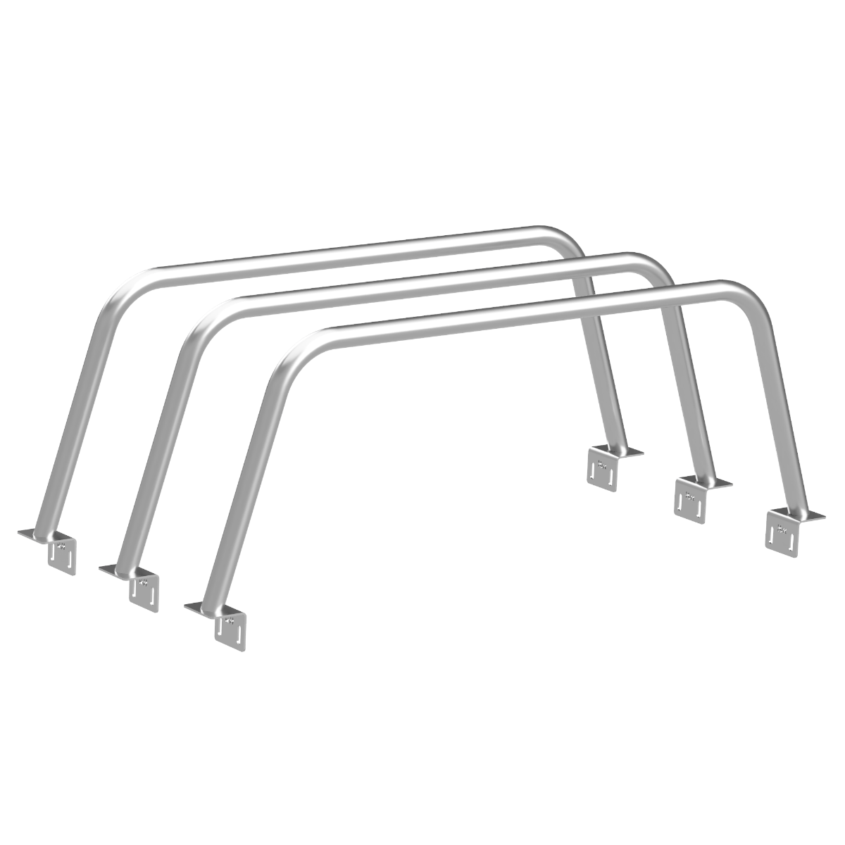 HMOR bed bars for 2024-2026 Toyota Tacoma, render of three-bar set, mid height in raw steel