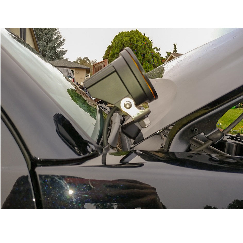 Side view of HMOR ditch light bracket and pod against the A-pillar