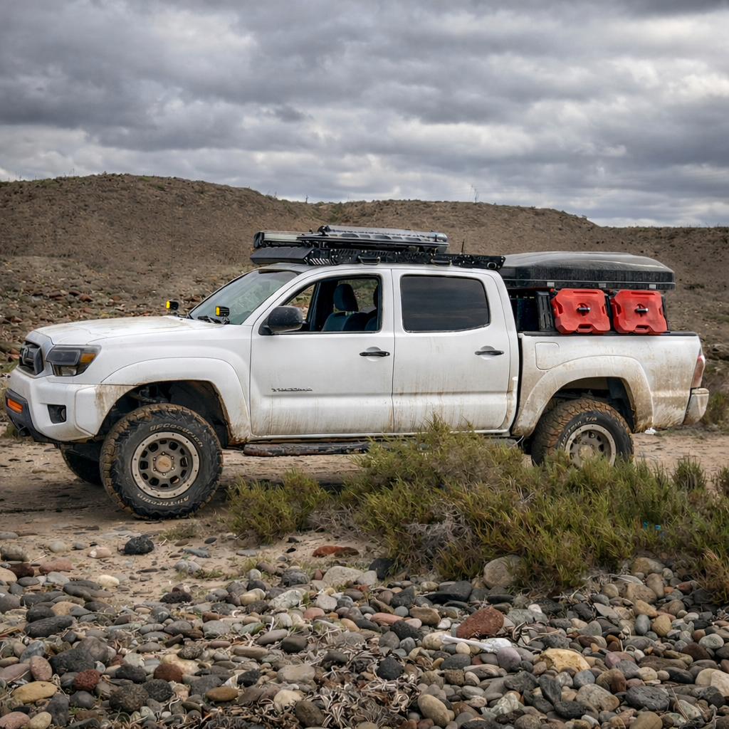 White 2nd gen Toyota Tacoma with HMOR ROCK-IT rack, rooftop tent and red fuel cans in the desert