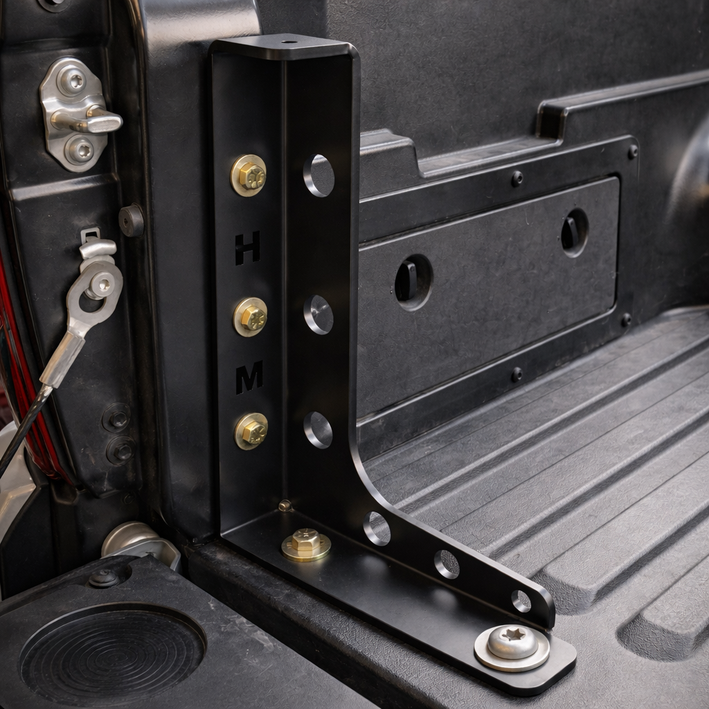 HMOR stiffener bracket installed in a Tacoma bed corner by the tailgate