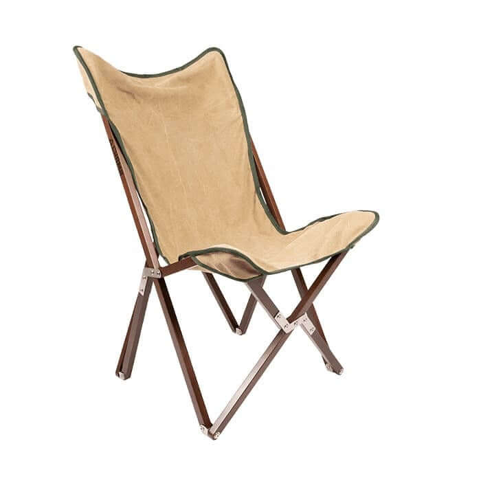 Chama Vaquero folding camp chair, hardwood frame and canvas seat, front view