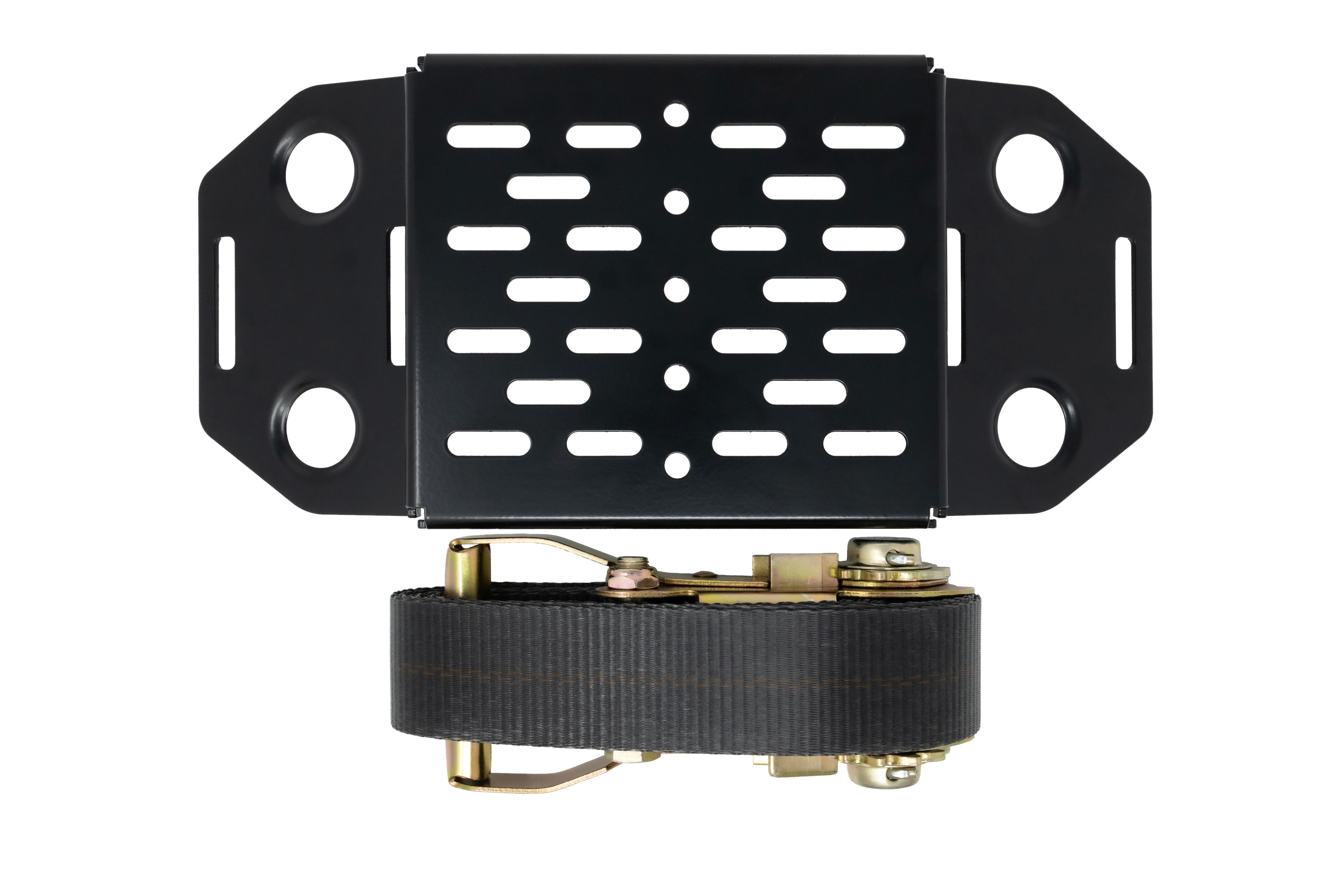 Overland Kitted Spare Tire Bracket for mounting Maxtrax or Rotopax and a Macs custom tie down strap.