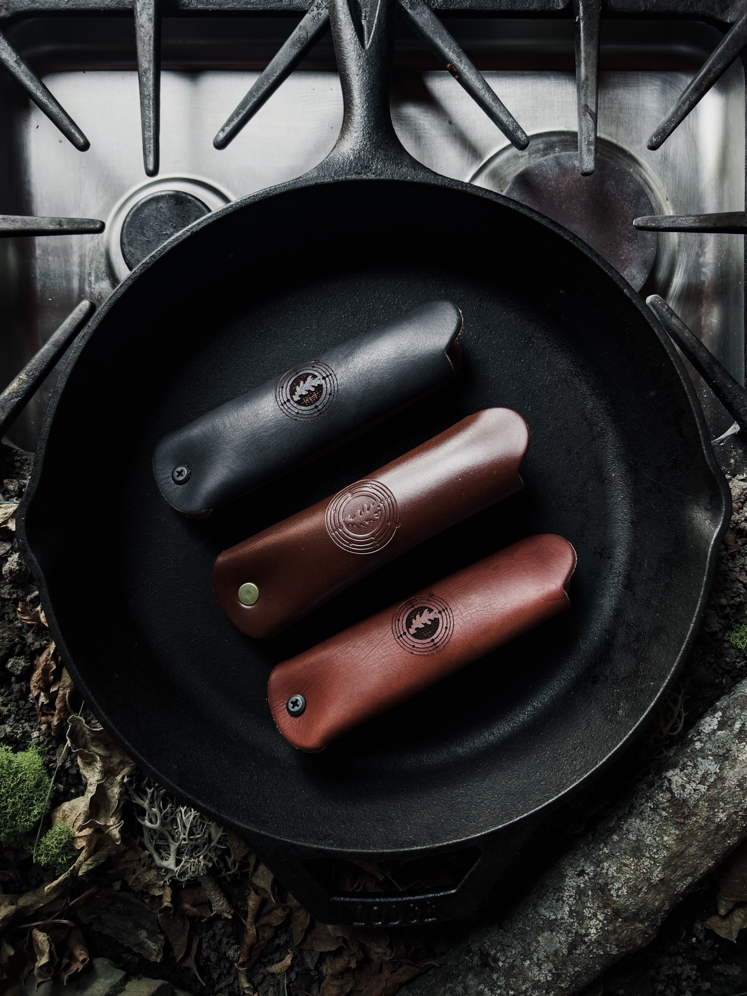 Handmade Leather Skillet Handle Cover   Dryad Cookery- Overland Kitted